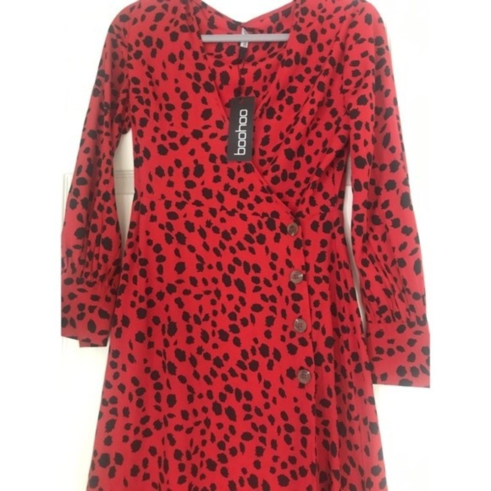 Petite Red Dalmatian Print Button Midi Dress - image 5